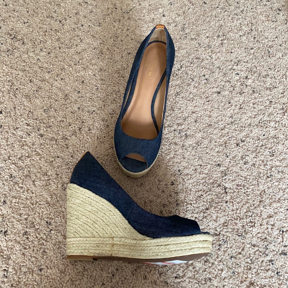 Worn once like new coach wedges size 7.5 denim color
